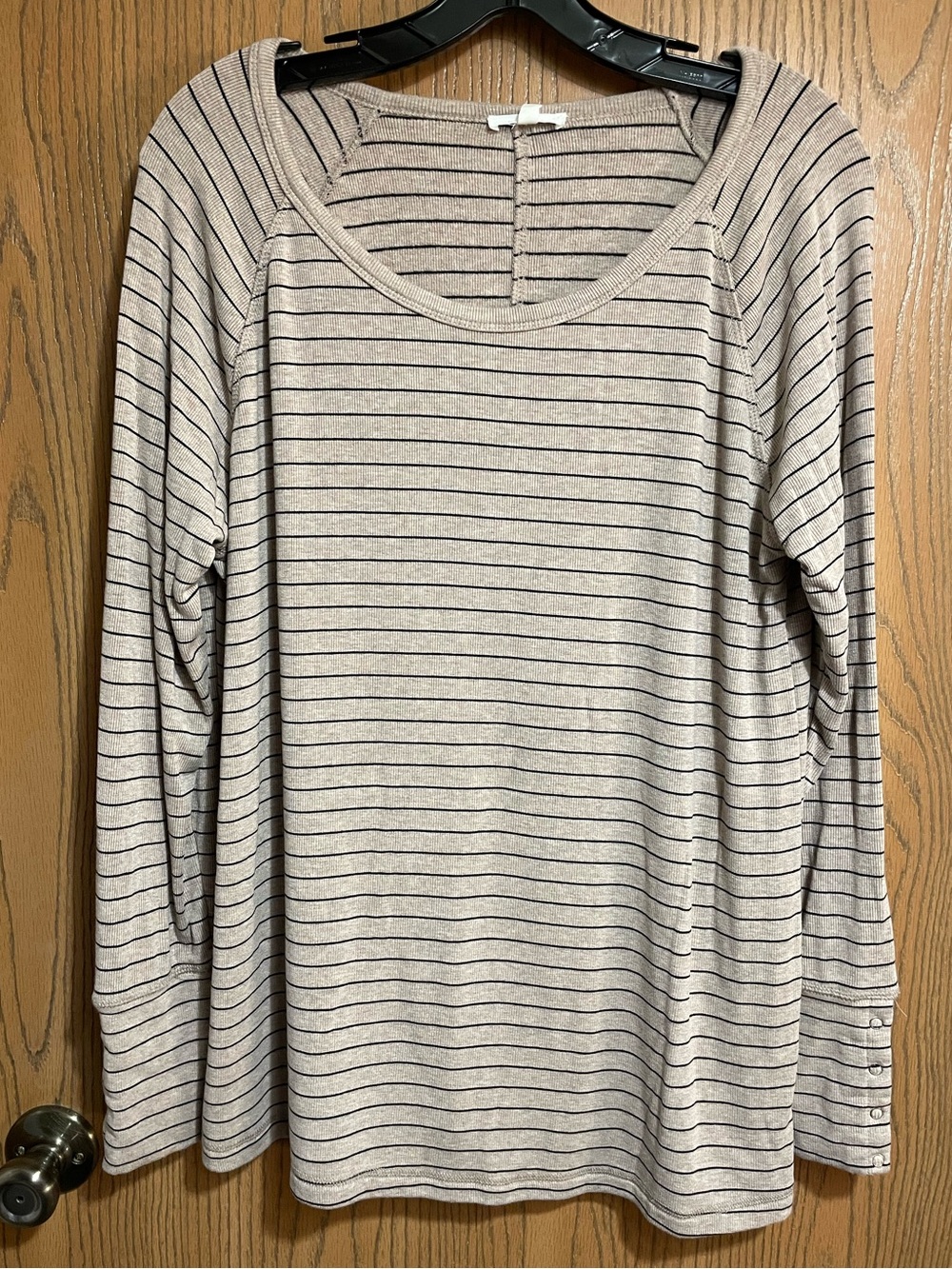 EUC Tan and Black Striped Long-Sleeve Scoop Neck Top with Snap Cuffs
